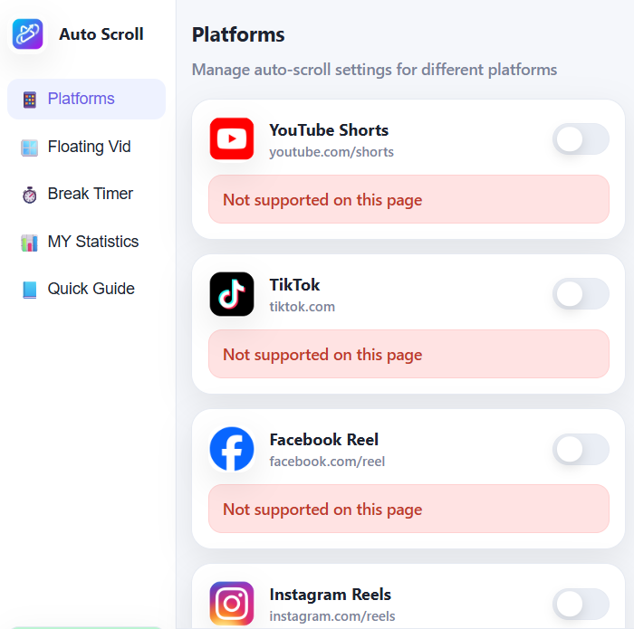 Platforms settings screenshot